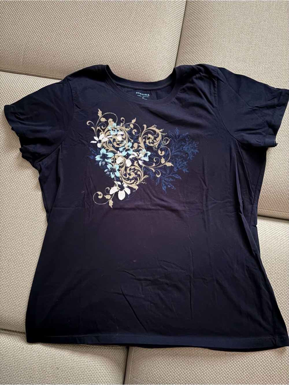 Sonoma Black Short Sleeve Tee with Gold and Blue Floral Scroll